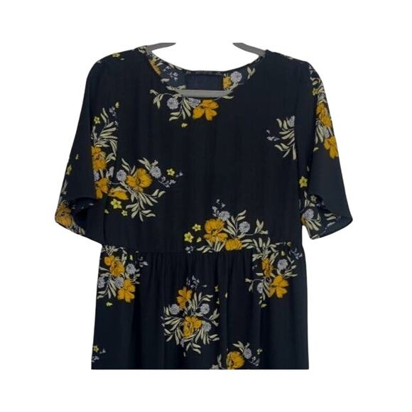 ZARA Floral Lace Up Back Babydoll Midi Stretch Dress Short Sleeve M Black Orange - Picture 4 of 15